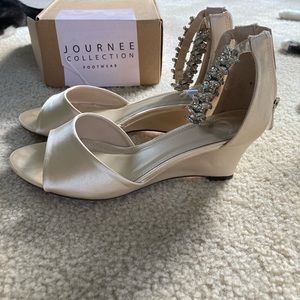 Cream wedge heels with gemstone ankle straps. Size 8. Brand new, never worn.